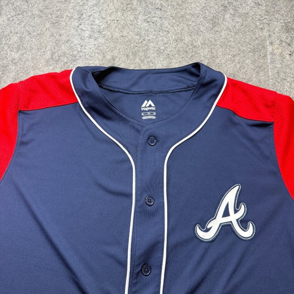 Atlanta Braves Majestic MLB Baseball Jersey Men XL Blue Red Button Up